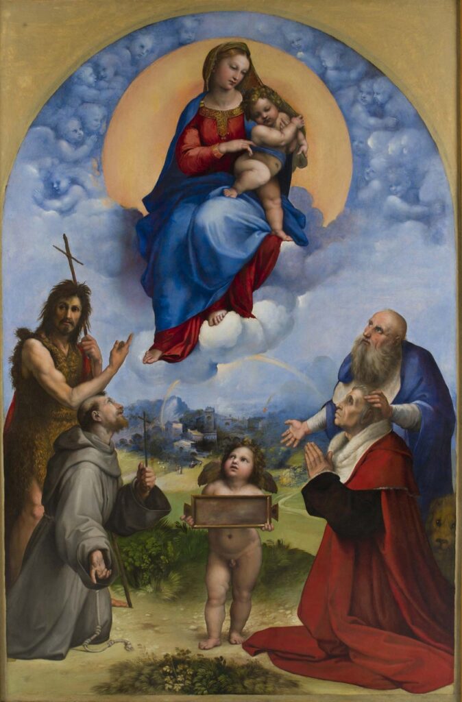 Pintura de Rafael, retratando a Virgem Maria com o Menino Jesus em seus braços, cercada por santos e anjos. A cena celestial destaca a ternura entre mãe e filho, enquanto figuras como São João Batista e São Francisco observam com reverência. Um exemplo clássico da arte renascentista.