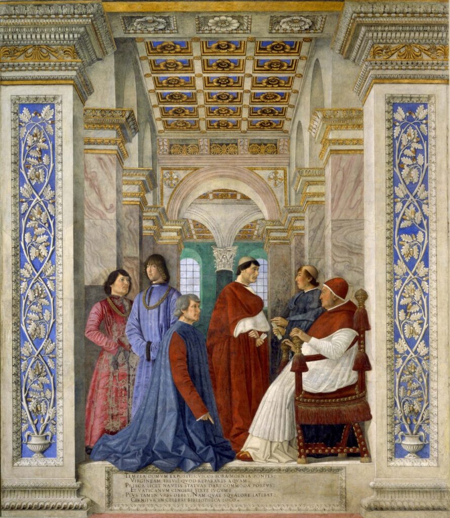 Afresco renascentista representando o Papa Sisto IV rodeado por conselheiros e figuras importantes. A cena ocorre em um ambiente ricamente decorado, com colunas e detalhes arquitetônicos elaborados. A composição enfatiza a autoridade papal e o esplendor da Igreja.