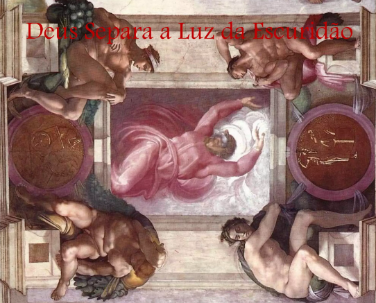 Na pintura de Michelangelo na Capela Sistina, vemos Deus em pleno movimento, separando a luz da escuridão. Ele flutua com majestade, os braços estendidos, simbolizando o ato criador do Gênesis. Ao redor, figuras humanas observam silenciosamente, enquanto a cena captura a força divina em ação.