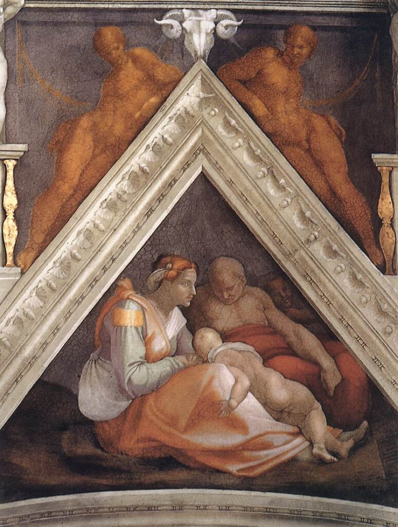 Cena da genealogia de Cristo na Capela Sistina, pintada por Michelangelo. Mostra três figuras humanas, com uma mulher inclinada e uma criança em seu colo, enquanto outras duas figuras estão sentadas ao fundo, dentro de um espaço triangular decorado.