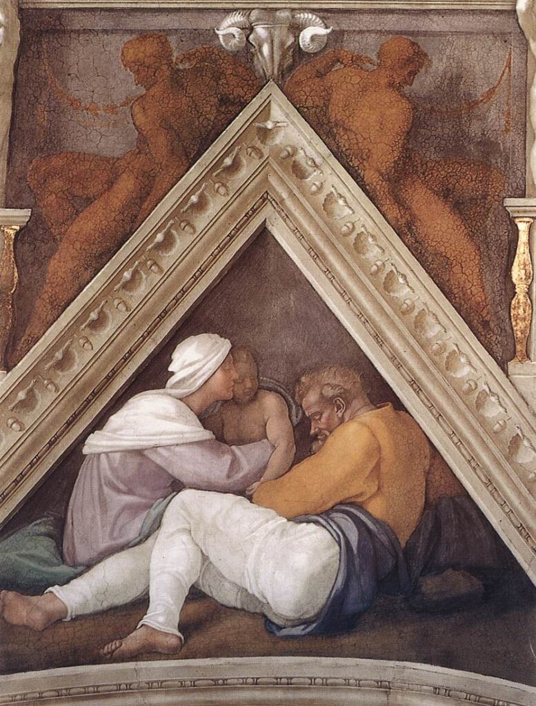 Cena da genealogia de Cristo na Capela Sistina, pintada por Michelangelo. Mostra um casal e uma criança no centro, sentados de maneira íntima e tranquila, dentro de um espaço triangular decorado. A composição enfatiza a ligação familiar e a continuidade entre gerações.