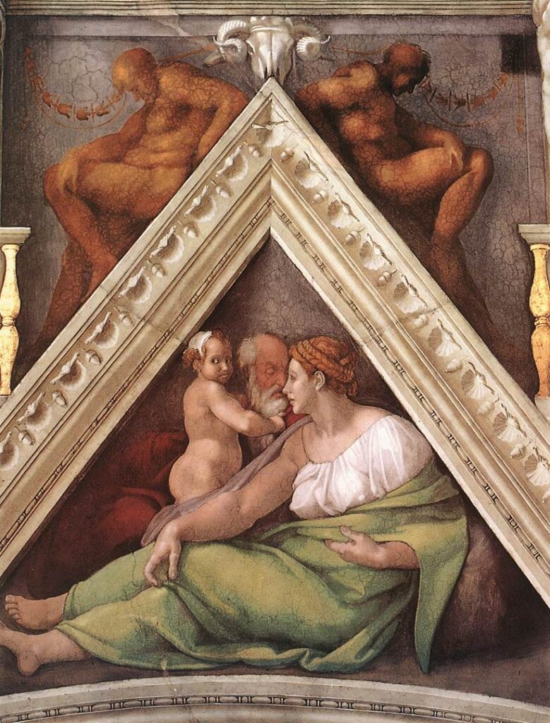 Afresco de Michelangelo no teto da Capela Sistina. A cena retrata uma mulher reclinada com um bebê, em um gesto terno, enquanto um homem idoso observa ao fundo. Acima, dois nus masculinos em poses tensas flanqueiam a composição, reforçando o contraste entre serenidade e força.