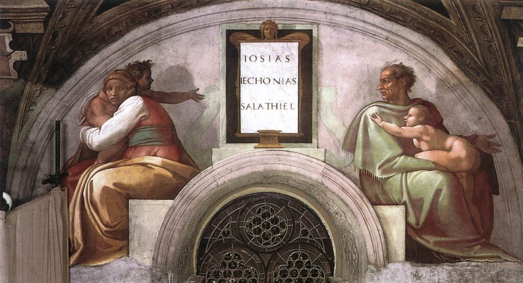 Imagem da luneta 'Josias, Jeconias, Salatiel' da Capela Sistina, pintada por Michelangelo. No centro, um painel com os nomes bíblicos e, aos lados, figuras representando os ancestrais de Cristo, em poses pensativas, característica do estilo monumental do artista.