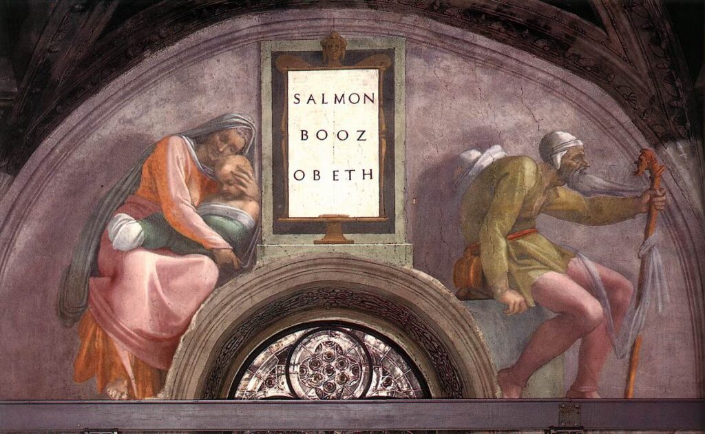 Duas figuras flanqueiam um painel central com os nomes "Salmon, Booz, Obeth". À esquerda, uma mulher com um bebê no colo; à direita, um homem barbudo segurando um cajado, ambos em poses contemplativas.