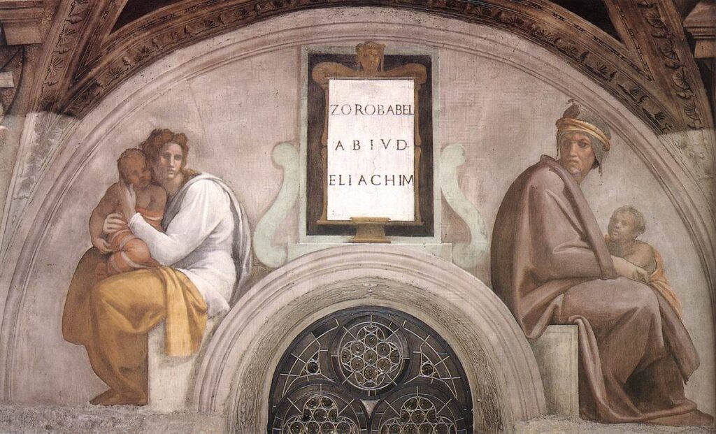 Esta imagem mostra um afresco de Michelangelo, parte do teto da Capela Sistina, que representa as figuras bíblicas Zerubabel, Abiud e Eliakim. O afresco apresenta duas figuras sentadas com crianças, simbolizando a linhagem familiar. A inscrição central identifica essas três gerações da genealogia de Cristo. A obra de arte utiliza poses clássicas e drapeados para transmitir a dignidade e a continuidade na linha ancestral.