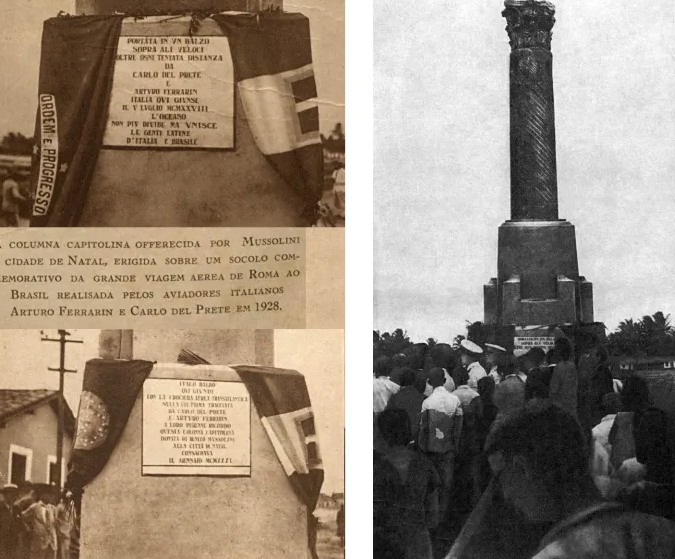 Coluna Capitolina em Natal, RN, presente de Mussolini ao Brasil em 1931. Monumento celebra o voo Roma-Brasil de 1928 e simboliza a amizade ítalo-brasileira.