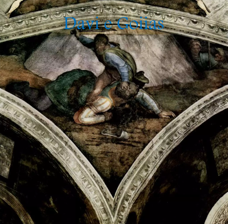 Afresco "Davi e Golias", de Michelangelo, no teto da Capela Sistina. A cena retrata o momento em que Davi derrota o gigante Golias, destacando a vitória do jovem pastor sobre o guerreiro poderoso com apenas uma pedra e uma funda.