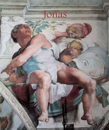 Representação do profeta Jonas, parte do famoso teto da Capela Sistina, pintado por Michelangelo entre 1508 e 1512. Jonas está localizado em uma das bordas do teto, e sua pose dinâmica, olhando para cima e parcialmente torcido, é uma das várias figuras de profetas e sibilas que Michelangelo pintou ao longo das margens da composição principal. A baleia, que faz parte da história de Jonas na Bíblia, pode ser vista atrás dele.