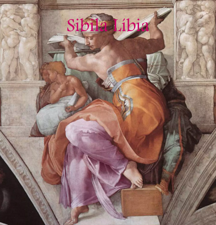 Sibila Líbia, parte do teto da Capela Sistina pintado por Michelangelo. Ela é representada em uma pose dinâmica, virando-se enquanto segura um grande livro, símbolo de seu conhecimento profético. As sibilas, figuras proféticas da antiguidade, estão incluídas na obra por sua capacidade de prever a vinda de Cristo.