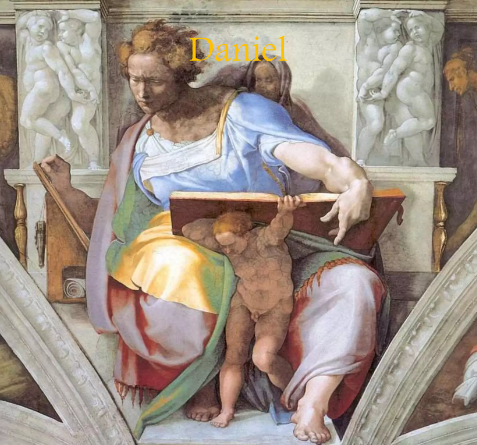 A imagem retrata o profeta Daniel, pintado por Michelangelo na Capela Sistina. Ele é mostrado segurando um grande livro, símbolo de suas profecias. Ao lado, uma figura menor o auxilia. Daniel possui uma expressão concentrada, destacando sua conexão com o conhecimento divino e a sabedoria.