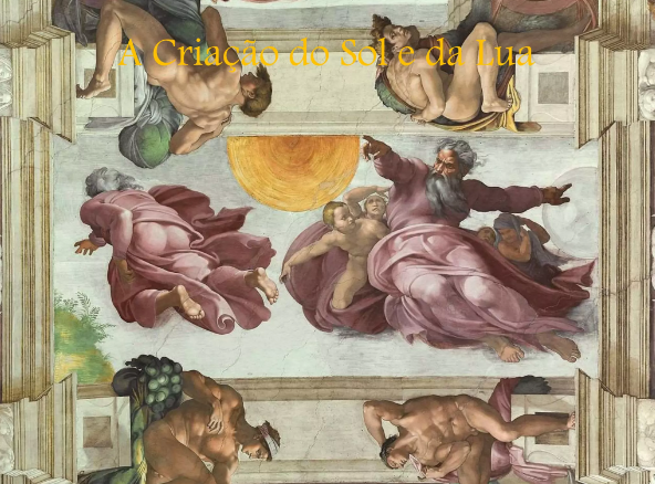 Afresco da Capela Sistina chamado "A Criação do Sol e da Lua", pintado por Michelangelo. Nela, Deus é retratado criando o Sol e a Lua, com uma figura imponente e braços estendidos, cercado por figuras angelicais. É uma obra que transmite o poder divino e a grandiosidade da Criação.