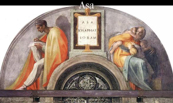 Afresco renascentista representando o rei Asa de Judá, com figuras de um escriba à esquerda e uma mãe com criança à direita. Ao centro, há uma inscrição com os nomes 'Asa,' 'Josaphat,' e 'Joram,' referenciando figuras bíblicas da linhagem de Judá.