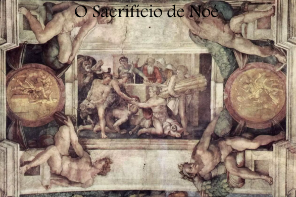 Obra de arte intitulada "O Sacrifício de Noé". O tema se refere ao episódio bíblico em que Noé oferece um sacrifício a Deus após o dilúvio, como expressão de gratidão. A pintura mostra figuras em movimento, com gestos dramáticos, e está cercada por elementos decorativos e querubins. O estilo artístico lembra o período renascentista, destacando a profundidade e o uso de luz e sombra, características dessa época.