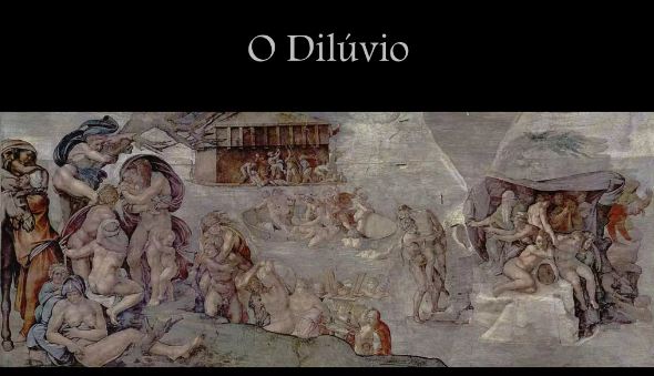 "O Dilúvio", uma cena da Capela Sistina que mostra o caos e desespero durante o grande dilúvio bíblico. Várias figuras humanas lutam para sobreviver, enquanto outras buscam abrigo ou tentam escapar das águas. A composição é dinâmica, com grupos de pessoas em diferentes momentos de tensão e desespero.