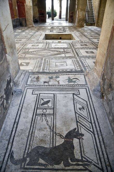 Interior de uma casa romana em Pompeia, com um mosaico no piso retratando cenas de animais e figuras humanas, destacando a sofisticação artística da Antiguidade.