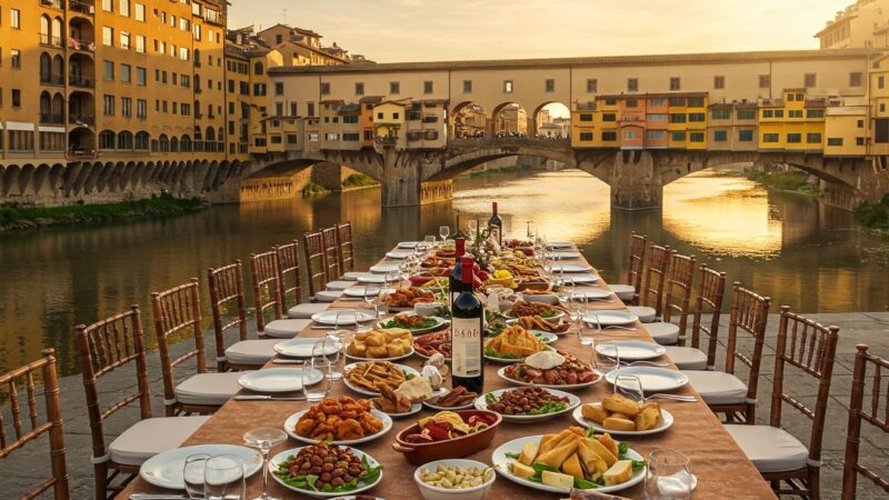 Uma mesa de banquete retangular repleta de pratos da culinária florentina, com a Ponte Vecchio ao fundo, ao pôr do sol.